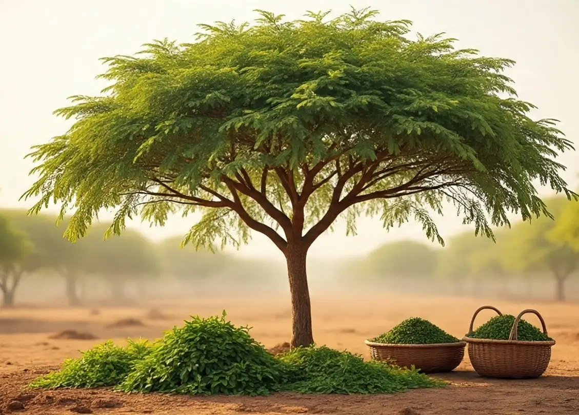 Moringa oleifera tree with green leaves and seed pods in tropical setting
