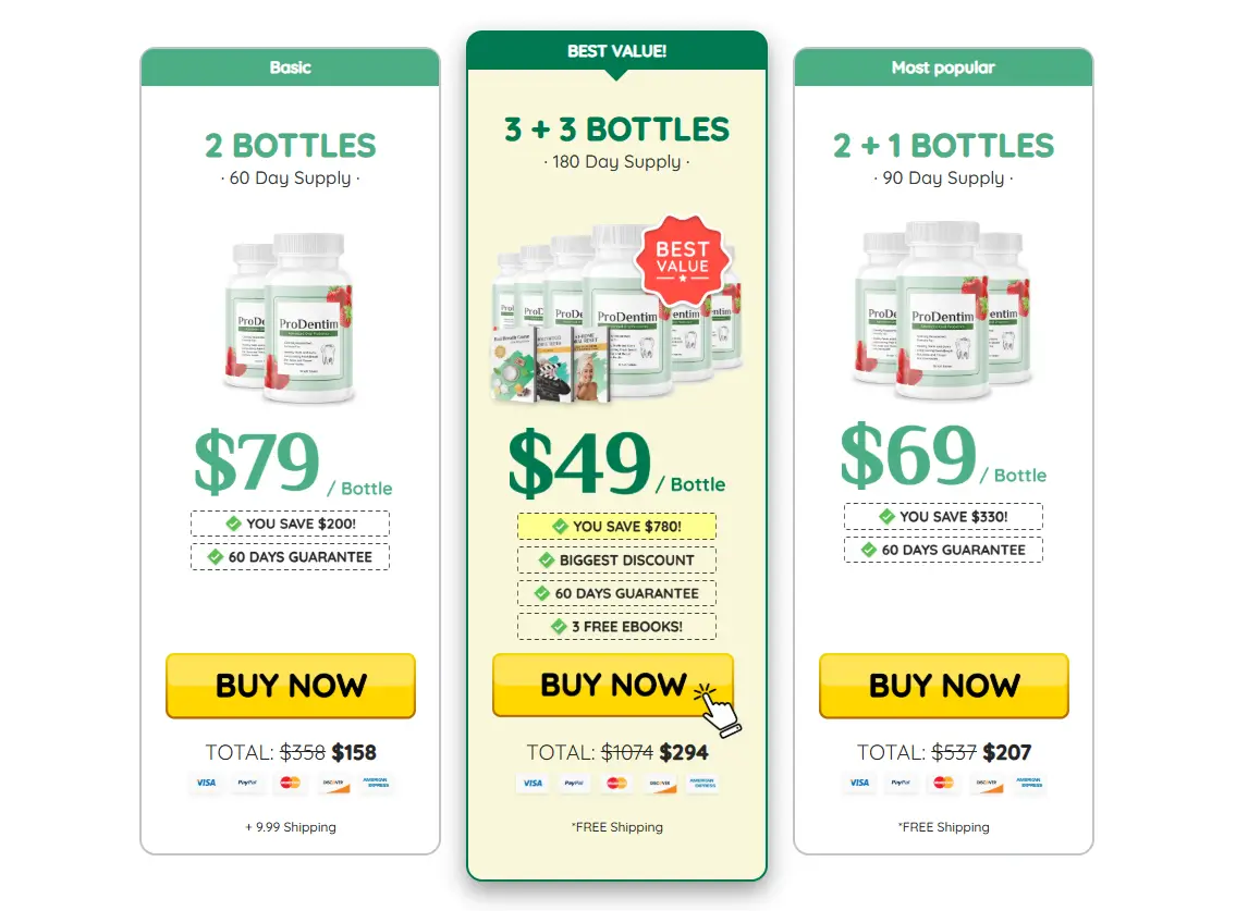 ProDentim supplement pricing chart for 2025 – 1, 3, or 6 bottle options